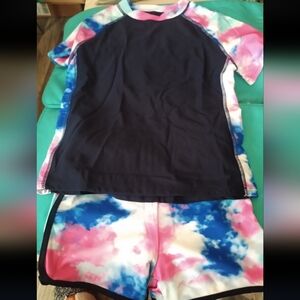 Kids Black Rash Guard Swim Set with Pink & Blue Tie-Dye Shorts Sz 11Y NWOT
